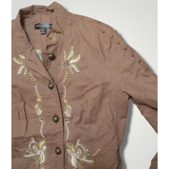 True Meaning Linen Blend Floral Embroidered Jacket Tan Size Small - Picture 3 of 7